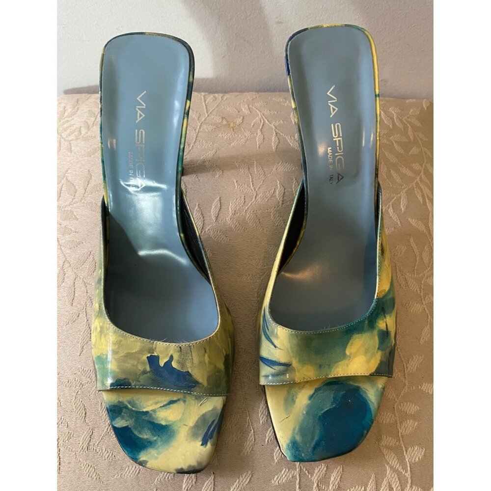 Via Spiga Blue and Yellow Floral Slide Mules